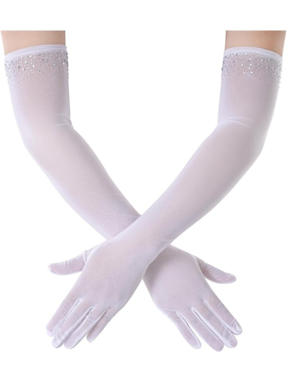 Women's White Rhinestone Mesh Elegant Vintage Opera-length Wedding Gloves.